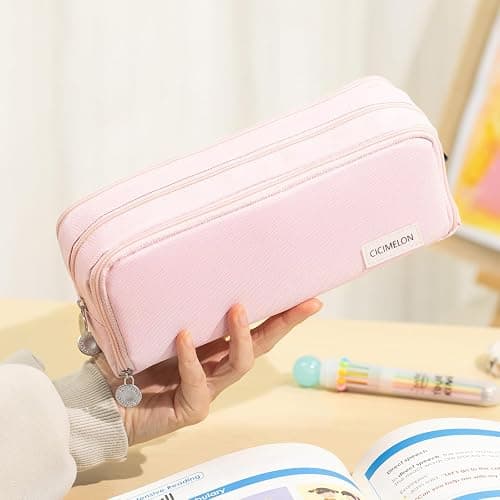 CICIMELON Large Capacity Pencil Case 3 Compartment Pouch Pen Bag for School Teen Girl Boy Men Women (Pink) thumbnail 2