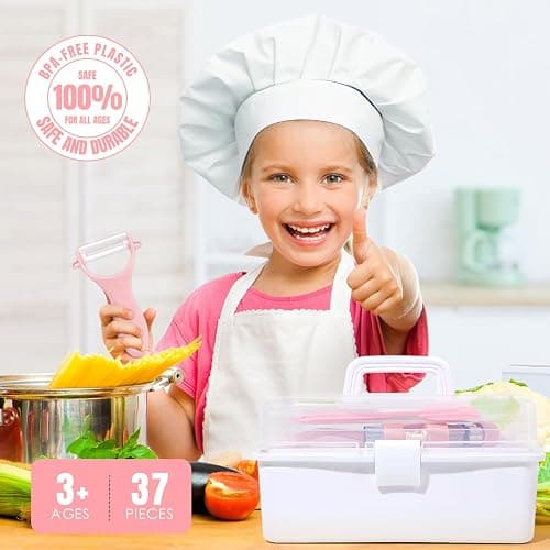 37PCS Kids Cooking Sets Real, Kids Cooking and Baking Gift Set with Storage Case Timer Kid Safe Knives Cutting Board, Toddler Real Kitchen Tools, Birthday Gifts for Girls Boys Age 3 - 8 thumbnail 2