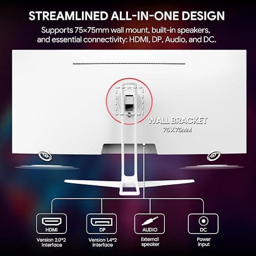 CRUA 34'' White Gaming Monitor, 165HZ/144HZ, WQHD(3440x1440P) IPS UltraWide Screen Computer Monitors with Built-in Speakers, Supports FreeSync, 120% sRGB, HDMI 2.0 & DP 1.4, Wall Mountable Installs thumbnail 6
