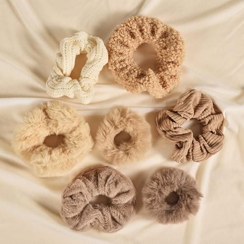 Yonchic 7-Piece Velvet Solid Elastic Hair Ties, Gentle Style Scrunchies for Women Long Thick Hair, No Damage Hair Scrunchies Rubber Bands Accessories (Khaki) thumbnail 4
