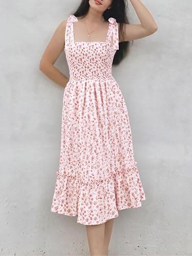 Imily Bela Womens Summer Floral Boho Dress Tie Strap Square Neck Smocked Ruffle A Line Beach Long Maxi Dresses thumbnail 5