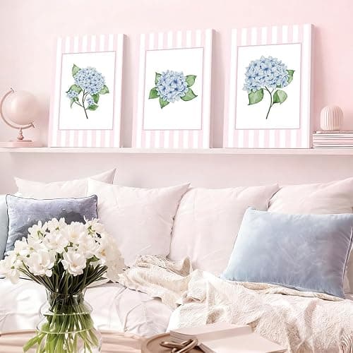 SongZest 3 Piece Blue Floral Canvas Framed Wall Art Pink Chinoiserie Art Prints Hydrangea Pictures Wall Decor Flower Aesthetic Paintings Artwork for Bedroom Bathroom Living Room 12x16in thumbnail 5