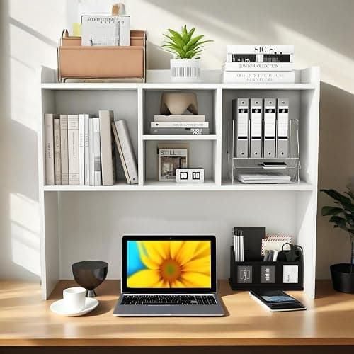 COBANA Desktop Bookshelf, Countertop Storage Hutch with 5 Shelves for Computer Desk, Desk Shelf for Top of Desk Organizer for Office Home Dorm, White - White thumbnail 3