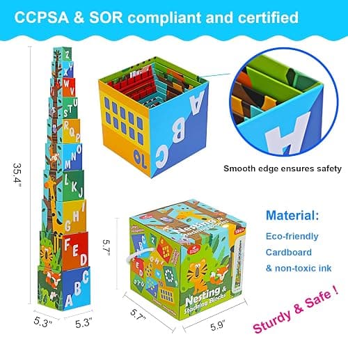 Beeqoo Animal Sorting and Stacking Blocks - Educational ABC & Numbers Toy for Babies and Toddlers - Montessori Learning Tower - 10 Nesting Cubes Building Set - Novelty Gift for Boys & Girls thumbnail 2