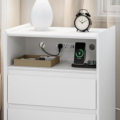 FurniXpress 24" Tall White Nightstand with Charging Station, 2 Drawer Modern Bedside Table with Tray Top, USB & Type-C Ports, AC Outlets, and Open Shelf for Bedroom or Living Room thumbnail 4