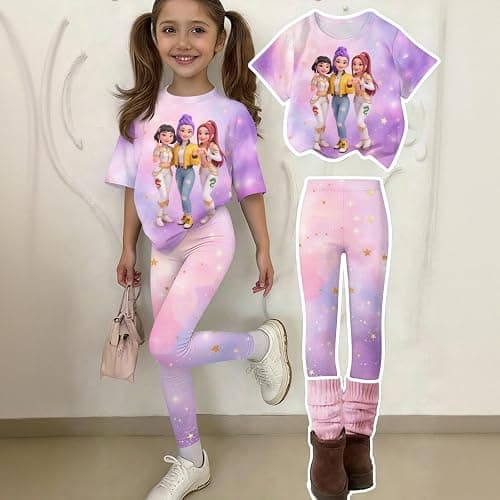 K Pop Outfits Set for Girls Short Sleeve T-Shirt and Long Pants Cute Cartoon Print Graphic Tees Merch Costume 2 Piece thumbnail 2