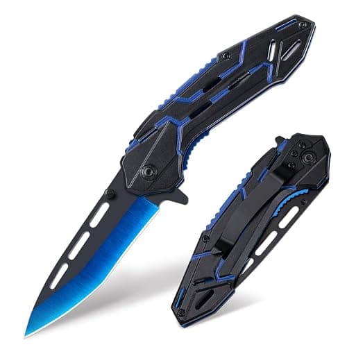 FUNBRO Cool Pocket Knife for Men, Camping Knife with 3.4” Stainless Steel Blade, EDC Folding Knives with Clip for Outdoor Hiking, Gifts for Dad Him Husband (Blue) - Image 1