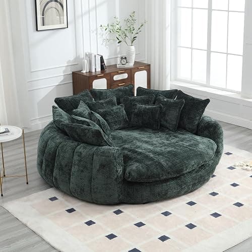 Oversized Round Chaise Lounge Chair, 81.1in Extra Wide Round Accent Chair for 2 People, Upholstered Barrel Chair, 14 Pillows, Comfy Cloud Daybed Lounge Fluffy Sleeper Sofa Chair, Living Room - L1056-green - 2 Seat-81.1in thumbnail 4