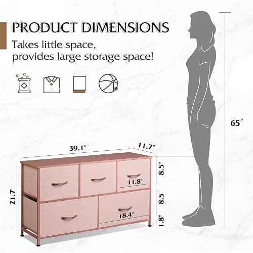 WLIVE Dresser for Bedroom with 5 Drawers, Wide Chest of Drawers, Fabric Dresser, Storage Organization Unit with Fabric Bins for Closet, Living Room, Hallway, Pink and Rose Gold thumbnail 3