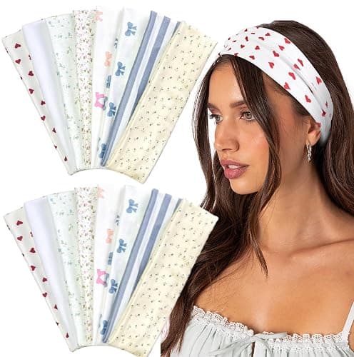 Huachi Headbands for Women Trendy 16 Pack Elastic Hair Bands for Women Non Slip Soft Cloth Fabric Head Bands Y2K Hair Accessories, Floral Bow Valentine Heart Headband - Image 1