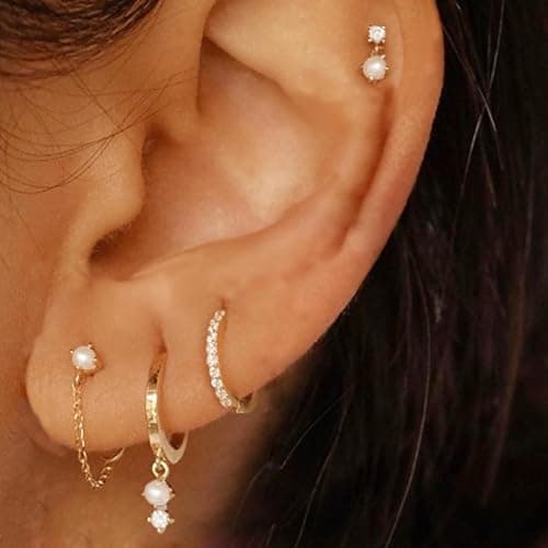 SELSHE Gold Plated Earrings for Women, 14k Gold Plated Earring Stack Hypoallergenic Pearl Drop Earring Dainty Earrings for Women Trendy Cute Small Huggie Hoop Earring Fashion Womens Jewelry thumbnail 5