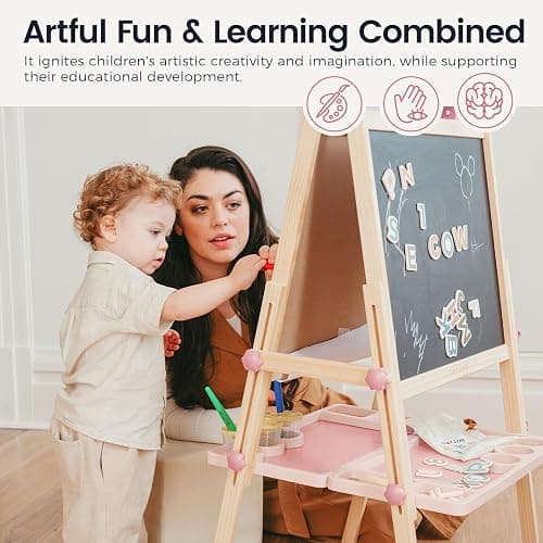 Tiny Land Easel for Kids, Double-Sided Magnetic Easel with Drawing Accessories, Adjustable Wooden Kids Art Easel with Paper Roll, Learning-Toy for 3,4,5,6,7,8 Years Old Boy & Girls Pink thumbnail 6