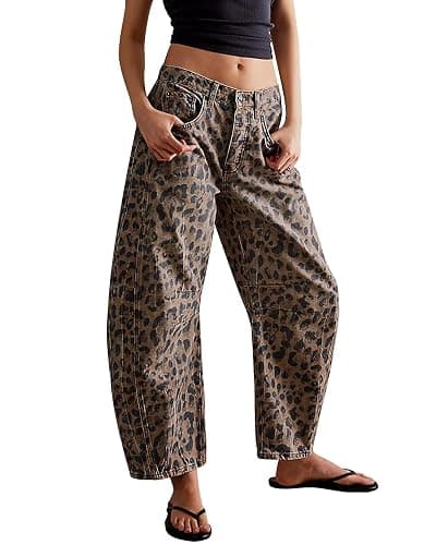 Kedera Women's Baggy Barrel Jeans Casual Boyfriend Mid Rise Leopard Printed Wide Leg Denim Ankle Pants - Image 1