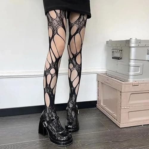 RUSTAMM Ripped Fishnet Stockings Tights Gothic Irregular Hole Hollow Out Mesh Lace Pantyhose Women Cosplay Party Accessories thumbnail 6