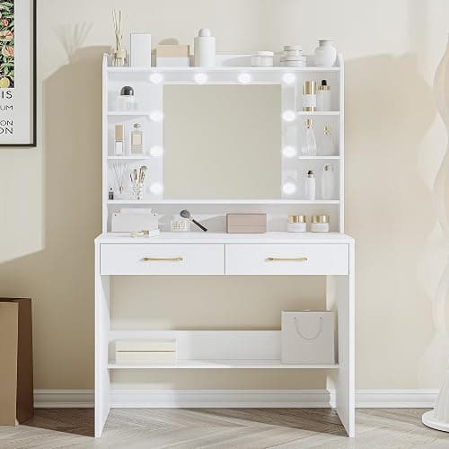 Hzuaneri Vanity Desk with Mirror and Led Light, Adjustable Brightness, Dressing Table with Shelves and 2 Drawers, for Bedroom, 40 x 80 x 149 Cm, White DT37203X - Image 1
