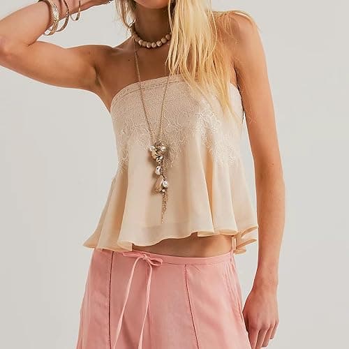 Women Chiffon Lace Tube Top Y2k Strapless Shirt Floral Embroidery Cute Summer Flowy Going Out Tops thumbnail 3