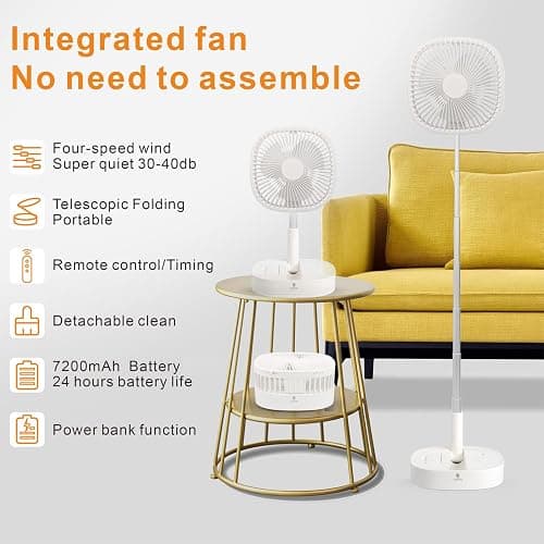 Magesh Portable Pedestal Fan - Foldaway Standing Fan Foldable Desk Fan, Use 7200Mah Rechargeable Battery, Remote Control Telescopic 4 Speed Quiet Timer Fan for Home Kitchen Outdoor Camping (White) thumbnail 4