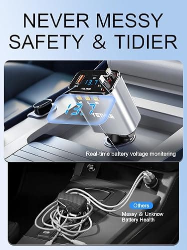 Bluetooth Car Adapter with Retractable Charger,[Upgrade] Bluetooth 5.4 FM Transmitter for Cars, 4 in 1 Fast Car Charger 69W, Handsfree Call, 2*Retractable Cable for iPhone 17/16/15/14, Galaxy-Silver thumbnail 4