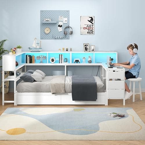 Hasuit Twin Corner Bed with Desk and Storage Bookcase, Daybed with 2 Drawers & 2 Storage Bins, Twin Size Platform Bed Frame with Charging Station and LED Light, Modern Teenagers Bedframe, White thumbnail 3