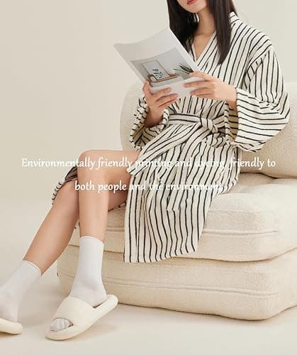 HGKPFGTF Striped Cotton Bathrobe for Women Super-Soft Terry Plush Kimono Towel Robe Long Sleeve Lounge Robe with Pockets thumbnail 3