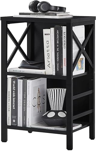 MNEETRUNG Small Bookshelf,3 Tier Industrial Bookcase with Metal Frame and Backboard,Low Black Book Shelf,Book case for Small Spaces,Living Room,Bedroom and Home Office - Image 1
