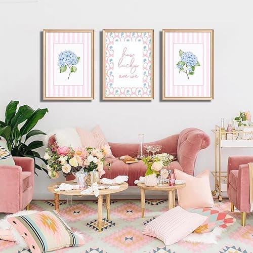 3Pcs Unframed Pink And Blue Hydrangea Wall Art Trendy Preppy Coquette Canvas Posters Prints How Lucky Are We Pictures Wall Decor for Girly Room Bedroom College Apartment Home Decorations(16L"x12W"Poster) thumbnail 3