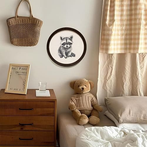 SkyCozy Raccoon Animal Nursery Framed Wall Art Decor, Neutral Baby Raccoon Trash Panda Wild Animal Round Wooden Hanging Wall Decor for Kids Boy Girl Nursery Room Bedroom Playroom, 10x10 Inch thumbnail 6