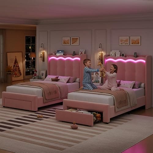 HIFIT Pink Velvet Twin Bed Frame with LED&Charging Station&Storage Drawer | Twin Size Princess Bed for Girls, Camas Twin with Double Wavy Shaped Wingback Headboard, Solid Frame, No Box Spring Needed thumbnail 3