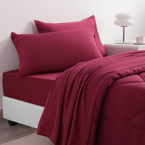 NTBAY Twin Comforter Set with Sheets, 5 Pieces Soft and Breathable Twin Bedding Set, Twin Bed in a Bag, Down Alternative Comforter Set Solid Color All Season, Kids Bedding Set, Wine Red thumbnail 2