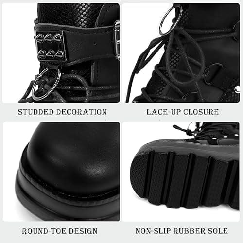 NIGXWNS Women Wedge Ankle Boots Lace-Up Zip Round Toe High Heels Goth Combat Booties Chunky Heel Platform Motorcycle Boots thumbnail 4