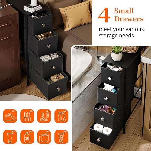 Fixwal Narrow Storage Cabinet, Small Dresser with 4 Drawers, Slim Fabric Dresser Storage for Small Spaces, Black Nightstand Side Table for Bedroom, Bathroom, Laundry, Closet, Dorm thumbnail 5