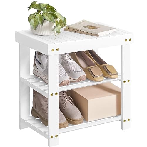 SONGMICS Shoe Rack Bench, 3-Tier Bamboo Shoe Storage Organizer, Entryway Bench, Holds Up to 286 lb, 11.3 x 19.7 x 17.8 Inches, for Entryway Bathroom Bedroom, Cloud White ULBS001W01 - Image 1