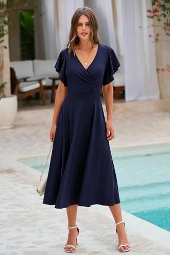 PRETTYGARDEN Women's Wrap V Neck Midi Summer Dresses | Ruffled Flutter Sleeves, Flowy Pleated A Line, High Waist, Elegant Spring Dress for Wedding Guest, Cocktail Party, Date Night thumbnail 3