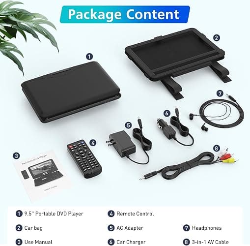 PJGCWB 11.5" Portable DVD Player with 9.5" Swivel Screen, 5-Hours Rechargeable Battery, Car DVD Player for Kids,，Supports SD Card/USB/CD/DVD and Multiple Disc Formats, High Volume Speaker(Inches, 9.5) thumbnail 7