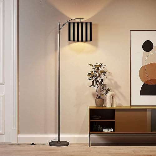 LOPYEIJFG Modern Arc Floor Lamp with Dimmer Mid Century Striped Black White Metal Standing Lamp with Linen Shade Footswitch for Living Room Bedroom Office thumbnail 2