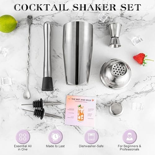Cocktail Shaker Set, 6-Piece Mixology Bartender Kit Premium Shakers Bartending: Martini Shaker Jigger Mixing Spoon Muddler 2 Pourers Bar Tools Set with Built-in Bartender Strainer for Drink Shaker thumbnail 4