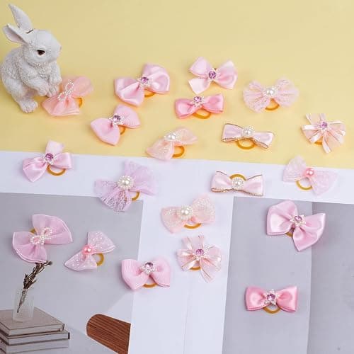 20 PCS Cute Dog Hair Bows with Rubber Bands Elastic Handmade Mix Style Lace Rhinestone Pearls for Furry Puppy Cat Pet Girl, Pink thumbnail 3