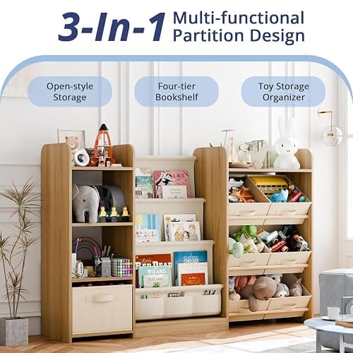 Kids Bookshelf and Toy Storage with 7 Removable Bins, 51 inch, Burlywood | Baby Bookshelf and Toy Organizer, Kids Bookcase, Large Toy Storage with 4-Tier Book Shelf for Kid Room, Playroom, Classroom thumbnail 3