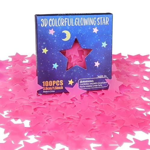 AM AMAONM 100pcs Glow in The Dark Luminous Stars Fluorescent Noctilucent Plastic Wall Stickers Murals Decals for Home Art Decor Nursery Ceiling Wall Decorate Kids Babys Bedroom Room Pink - Image 1