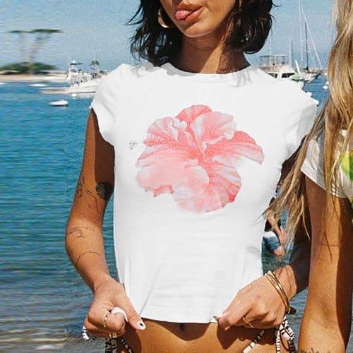 Graphic Baby Tees for Women Y2k Cute Summer Tops Cropped Shirts Teens 90s Streetwear - Floral White - Small thumbnail 2