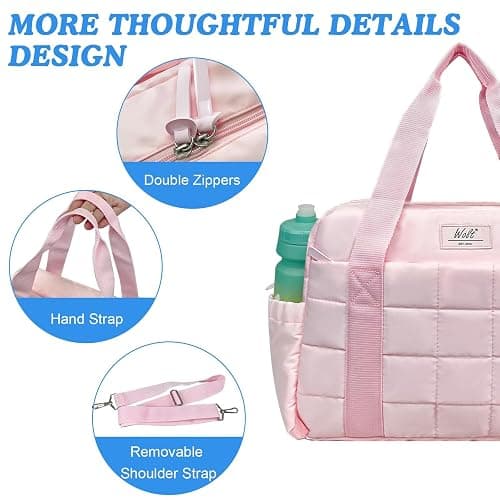 Wolt Small Gym Bag for Women, 14 inch Crossbody Gym Duffle Bag with Wet Compartment, Quilted Tote for Sports Travel Weekender, Pink thumbnail 6