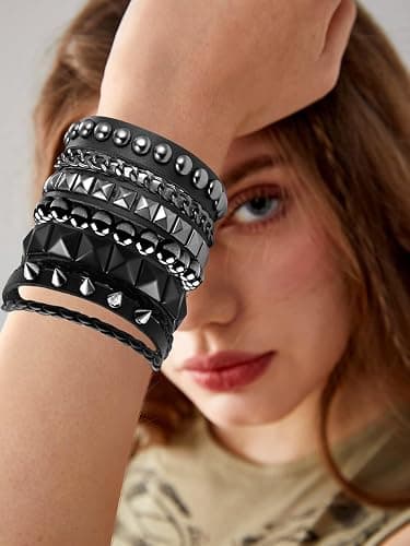 Ulekuke 4 Pcs Punk Rock Leather Studded Bracelets for Men Women 80s Gothic Spike Cuff Bracelet Set Emo Accessories for Rocker Outfits thumbnail 5
