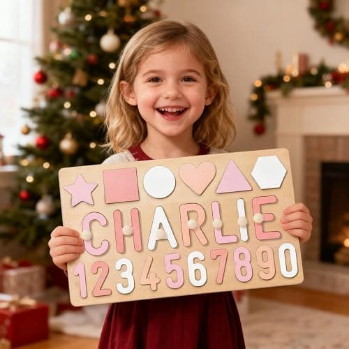 Personalized Name Puzzle for Kids, Custom Wooden Name Puzzles for Toddlers 1-3, 1st Birthday Gifts Girl Boy, Alphabet Number Puzzle with Engraved Text on Back, Baby Learning Toys thumbnail 2