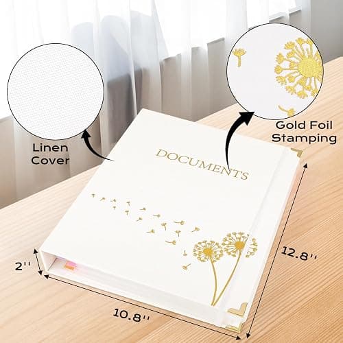 XKDOUS Important Document Organizer 3 Ring Linen Binders Folio File Folders | Beige Expanding Storage Holder with Gold-foiled Hardcover, 9 Pockets & Labels for A4, Letter Size Papers, Home & Office thumbnail 4