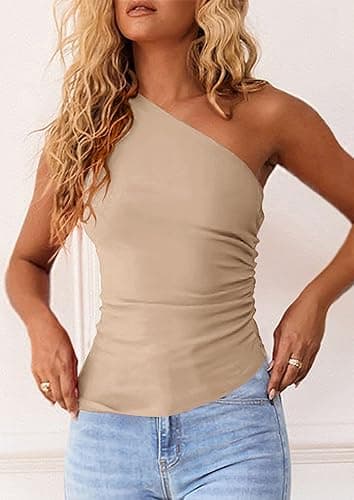 PRETTYGARDEN Womens 2025 Summer Y2K Tops Sleeveless One Shoulder Slim Fit Shirts Ruched Knit Asymmetrical Top Blouse thumbnail 6