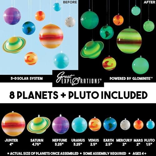 Great Explorations, 3-D Solar System Glow In The Dark Ceiling Hanging Kit 3D Planets and Star Stickers Create the Milky Way Teach Science STEM thumbnail 3