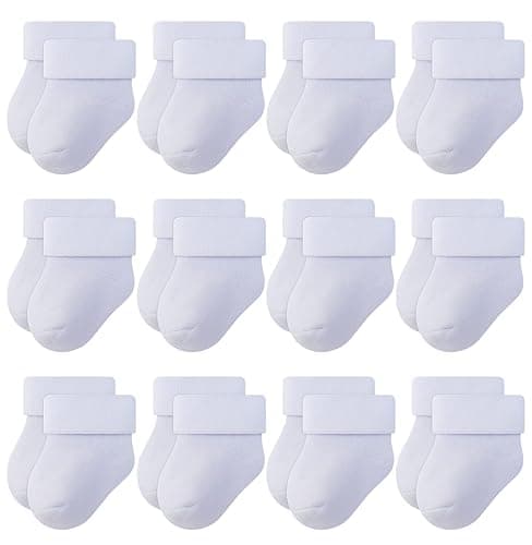 RATIVE Newborn 0-3 Months and Infant 3-12 Months Thick Terry Turn Cuff Socks for Baby Boys Girls - 0-3 Months - 12-pairs/White