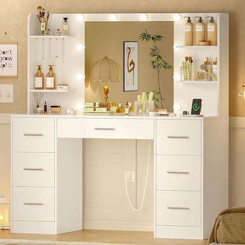 TEENFON Dressing Table with Lights, Dressing Table with Mirror and Socket, Dressing Table with 7 Drawers, 6 Shelves and 5 Hooks, Modern, White thumbnail 8