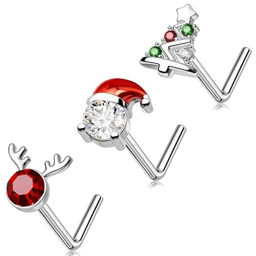 MeIighting 3PCS 20G Christmas Nose Studs L-shaped, 7mm Santa Claus Tree Reindeer Nostril Piercing Jewelry, Stainless Steel 316L Christmas Elements Body Jewellery for Women - Image 1
