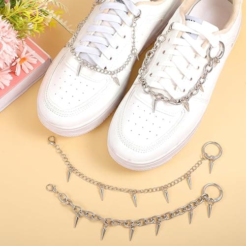 Molain 4 Pcs Silver Punk Boot Chains, Rivet Cone Spike Boot Charms, Metal Shoe Chains Shoe Charms Decorations with Detachable Clasps for Booties Sandals Sneakers thumbnail 4